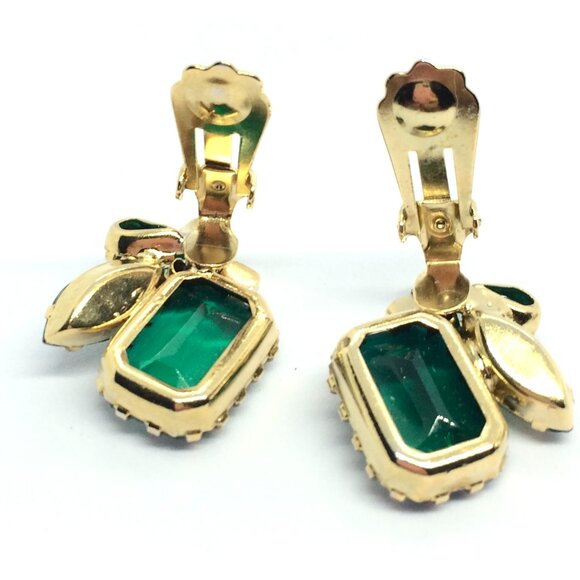 VINTAGE EMERALD Rhinestone Brooch Earring Set Green Glass Prong Clip on MCM - Picture 10 of 16